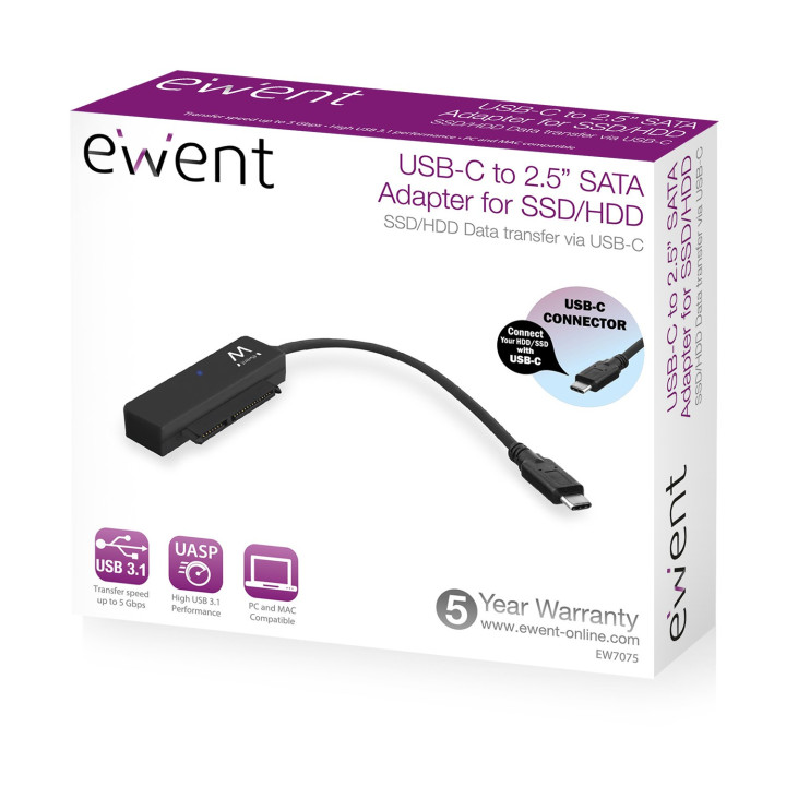 Ewent EW7075 cabo de interface adaptador de género USB 3.1 Gen1 Type-C SATA Preto