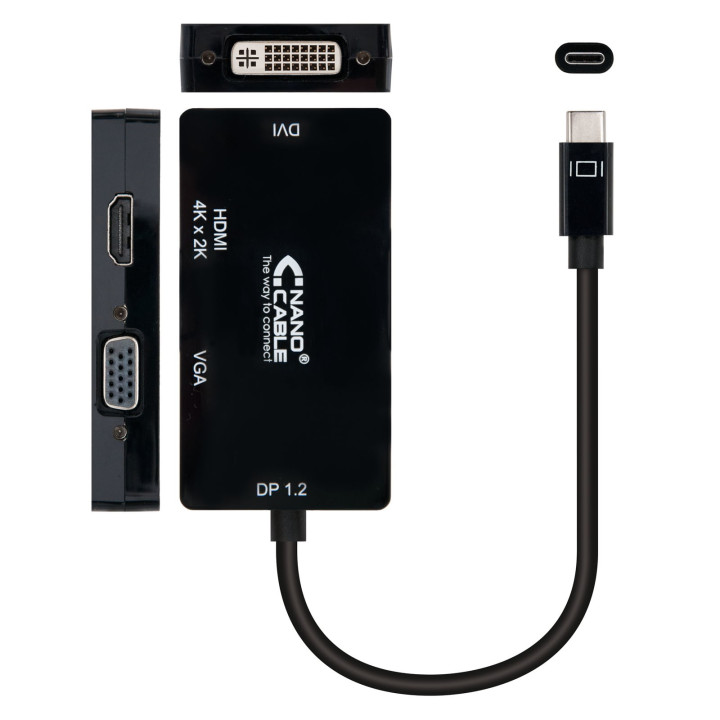 Nanocable 10.16.4301-BK adaptador de cabo de vídeo 0,1 m USB Type-C VGA (D-Sub)+ HDMI + DVI Preto
