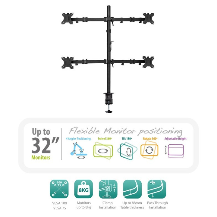 Ewent EW1514 suporte de mesa de ecrãs planos 81,3 cm (32") Fixação Aparafusar Preto