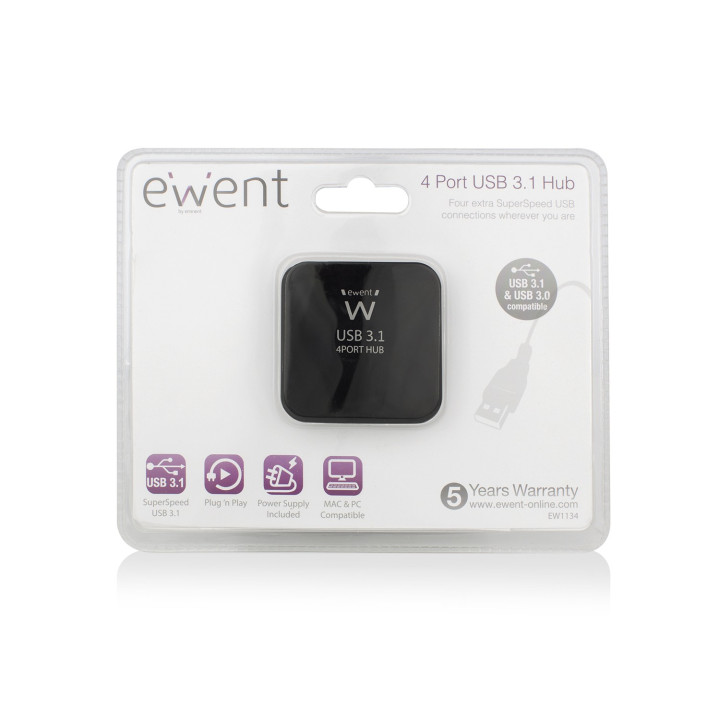 Ewent EW1134 hub de interface USB 3.2 Gen 2 (3.1 Gen 2) Type-A 5000 Mbit s Preto