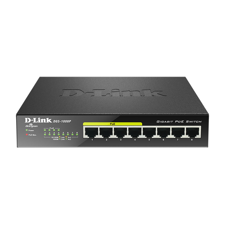 D-Link DGS-1008P switch de rede Não-gerido Gigabit Ethernet (10 100 1000) Preto Power over Ethernet (PoE)