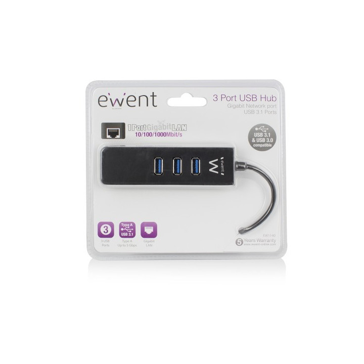 Ewent EW1140 hub de interface USB 3.2 Gen 1 (3.1 Gen 1) Type-A 5000 Mbit s Preto
