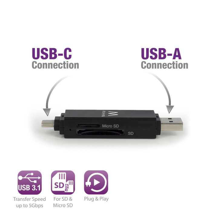 Ewent EW1075 leitor de cartões Preto USB 3.2 Gen 1 (3.1 Gen 1) Type-A Type-C