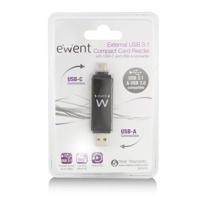 Ewent EW1075 leitor de cartões Preto USB 3.2 Gen 1 (3.1 Gen 1) Type-A Type-C