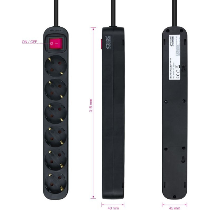 Nanocable Régua 6 Tomadas com switch 1.4 M Preto