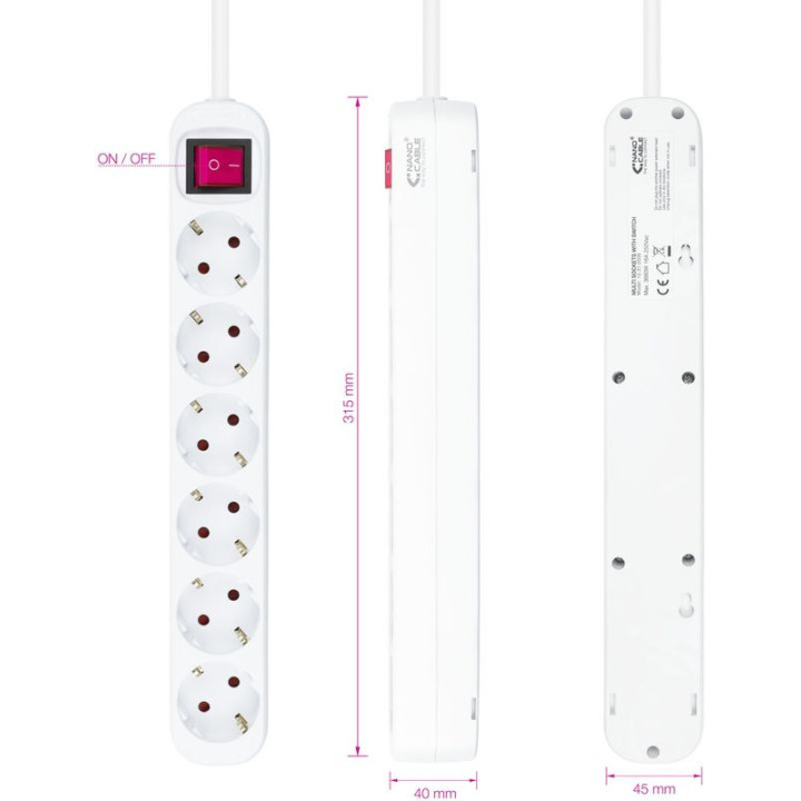 Nanocable Régua 6 Tomadas com switch 1.4 M Branco
