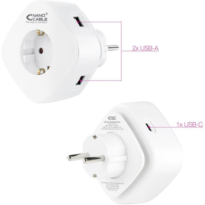 Nanocable Carregador tomada 2 USB A + 1 USB-C e Tomada integrada