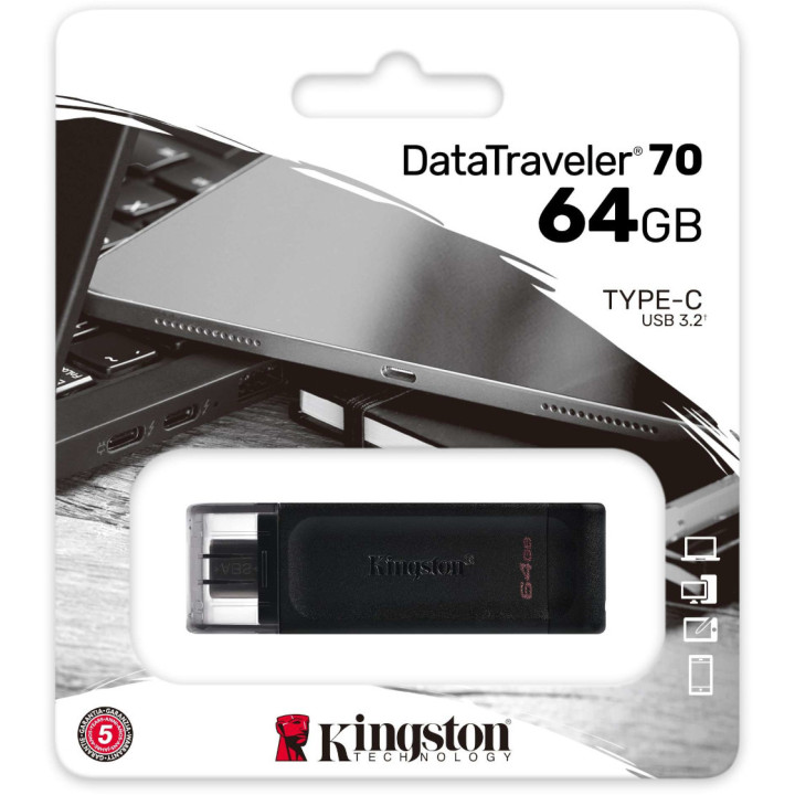 Pendrive Kingston Technology DataTraveler 70 64GB USB Type-C 3.2 Gen 1 (3.1 Gen 1) Preta