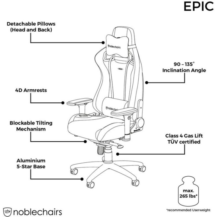 Cadeira noblechairs EPIC PU Leather Branco / Preto