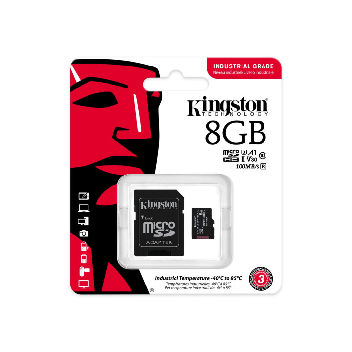 Cartão de memória Kingston Technology Industrial 8GB MicroSDHC UHS-I Classe 10