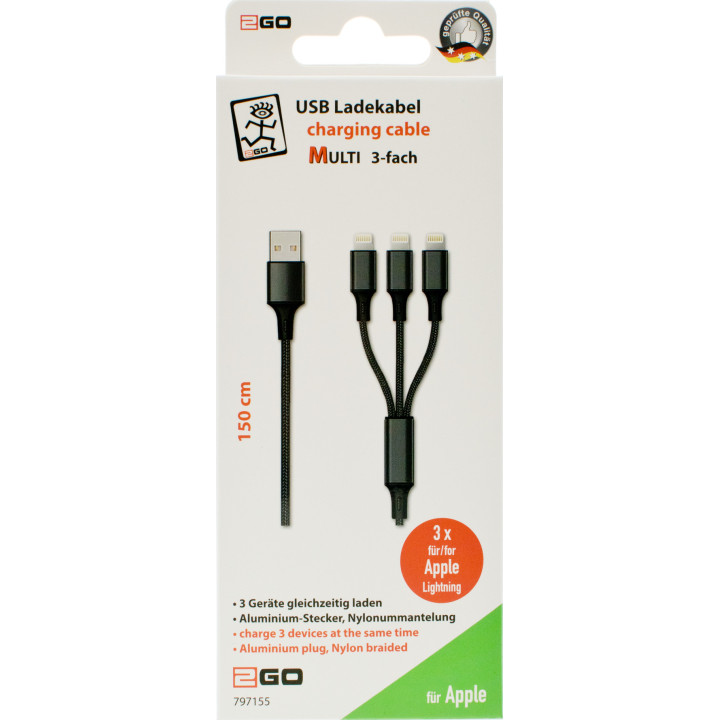 2GO 797155 cabo USB 1,5 m USB B USB C Micro-USB B Lightning Preto