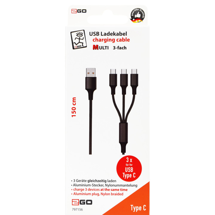 2GO 797156 cabo USB 1,5 m USB B 3x USB C Preto