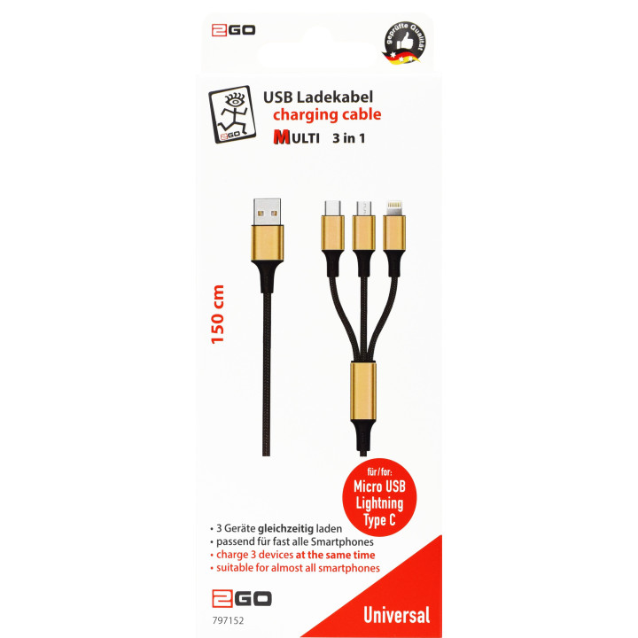 2GO 797152 cabo USB 3 m USB B USB C Micro-USB B Lightning Preto, Dourado