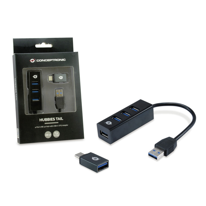 HUB USB Conceptronic Hubbies Tail USB 3.2 Gen 1 (3.1 Gen 1) Type-A 5000 Mbit/s Preto