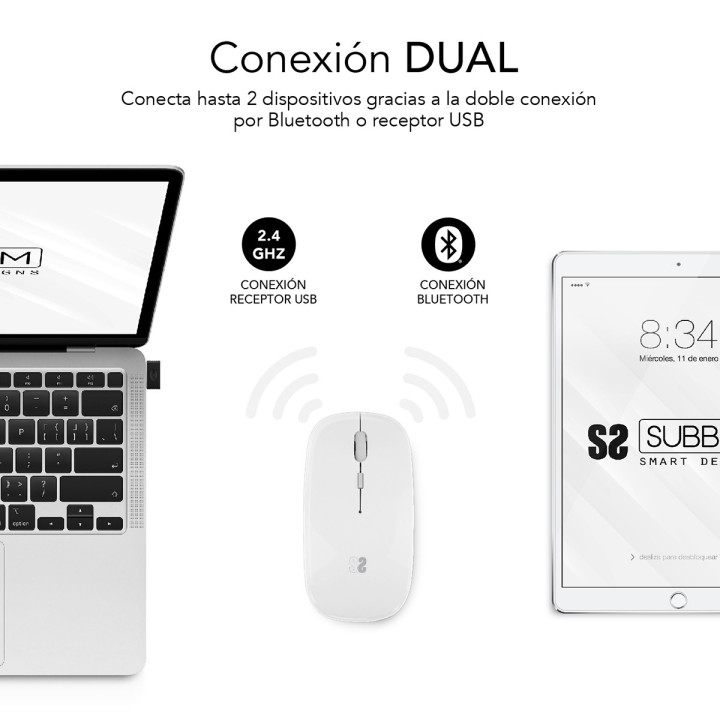 SUBBLIM SUBMO-DFLAT21 rato Ambidestro RF Wireless + Bluetooth + USB Type-A Ótico 1600 DPI