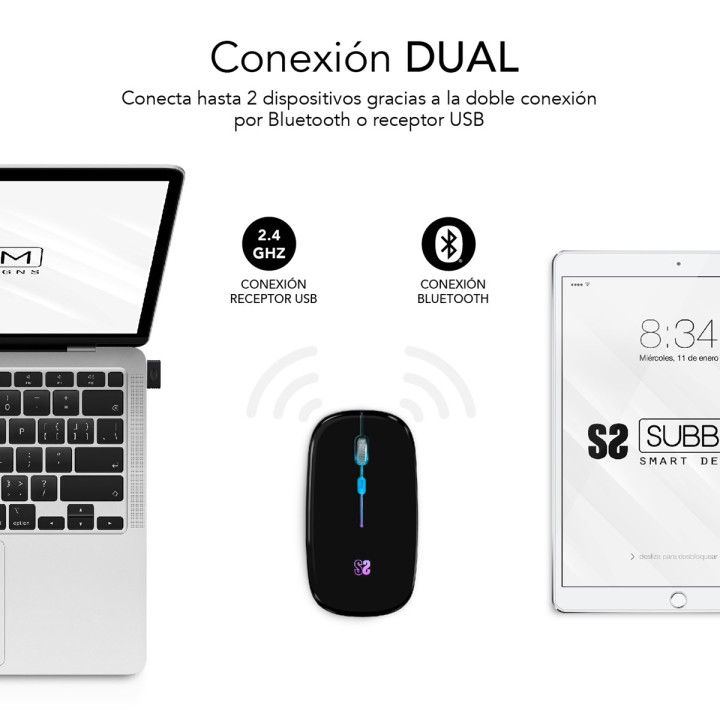 SUBBLIM SUBMO-LDFLAT1 rato Ambidestro RF Wireless + Bluetooth + USB Type-A Ótico 1600 DPI