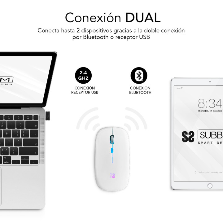 SUBBLIM SUBMO-LDFLAT2 rato Ambidestro RF Wireless + Bluetooth + USB Type-A Ótico 1600 DPI