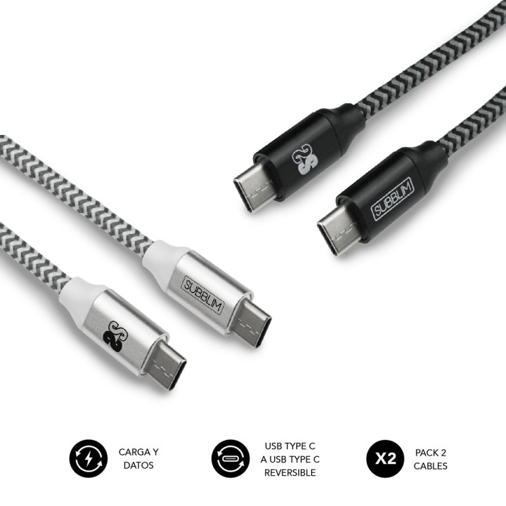 SUBBLIM PACK 2 CABLES USB TIPO USB-C A USB-C 1 M BLACK SILVER cabo USB