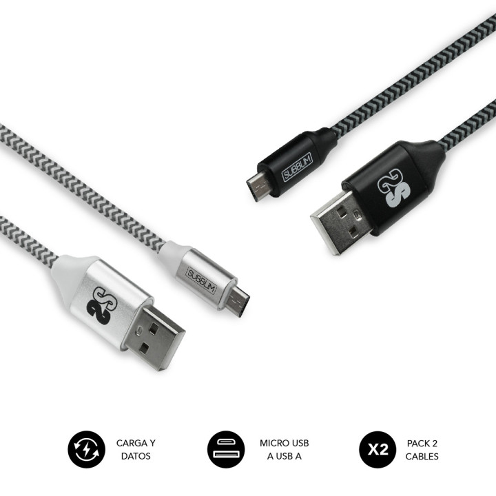 SUBBLIM PACK 2 CABLES USB A MICRO USB (2.4A) 1M BLACK SILVER cabo USB Micro-USB A Alumínio, Preto, Cinzento, Branco