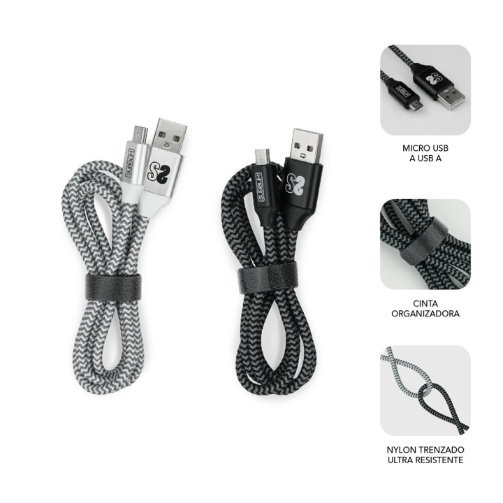 SUBBLIM PACK 2 CABLES USB A MICRO USB (2.4A) 1M BLACK SILVER cabo USB Micro-USB A Alumínio, Preto, Cinzento, Branco