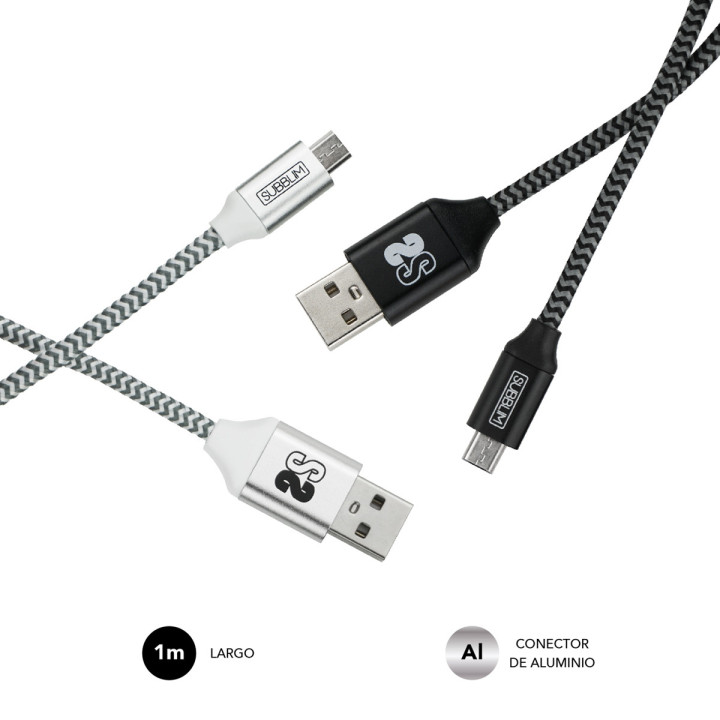 SUBBLIM PACK 2 CABLES USB A MICRO USB (2.4A) 1M BLACK SILVER cabo USB Micro-USB A Alumínio, Preto, Cinzento, Branco