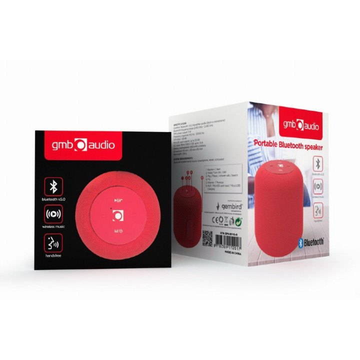 Coluna portátil Bluetooth Gembird c/ Rádio FM mono 5W Vermelho