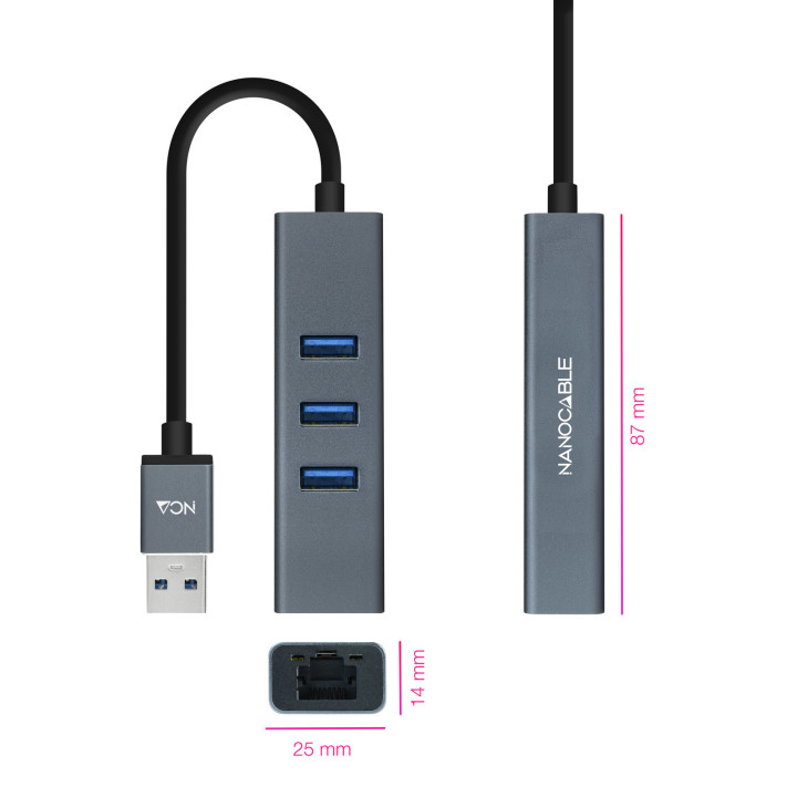 Nanocable 10.03.0407 base & duplicador de portas Com fios USB 3.2 Gen 1 (3.1 Gen 1) Type-A Cinzento