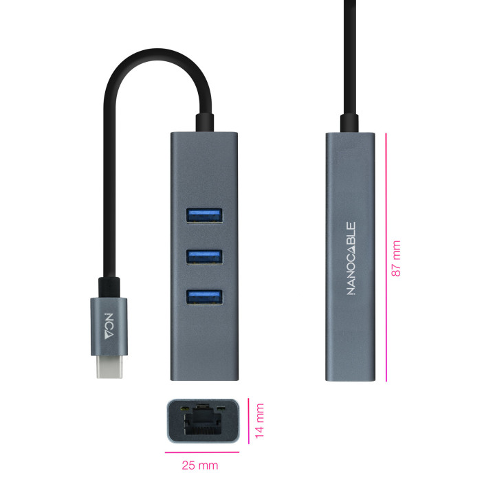 Nanocable 10.03.0408 base & duplicador de portas Com fios USB 3.2 Gen 1 (3.1 Gen 1) Type-C Cinzento