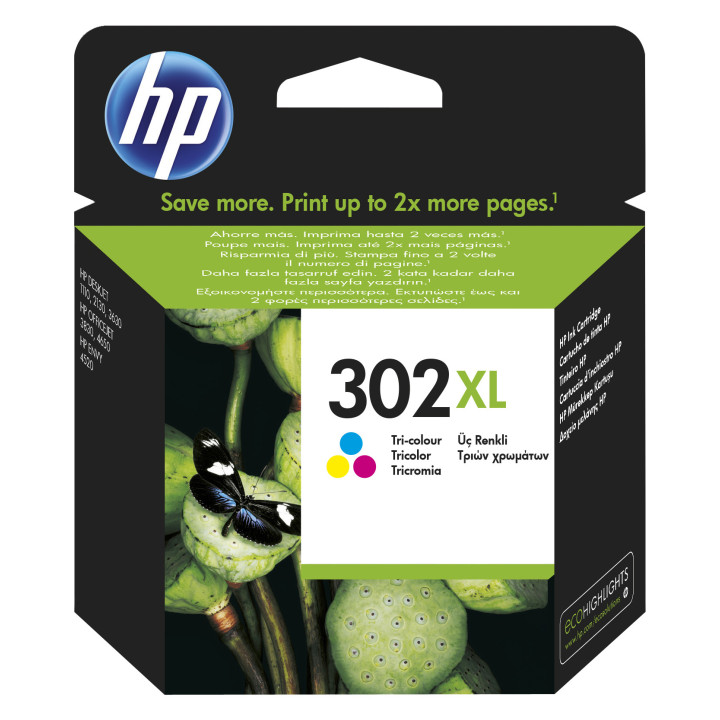 HP Tinteiro original 302XL Tricolor de elevado rendimento