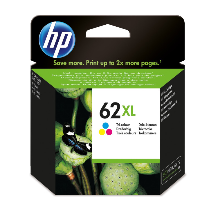 HP Tinteiro original 62XL Tricolor de elevado rendimento