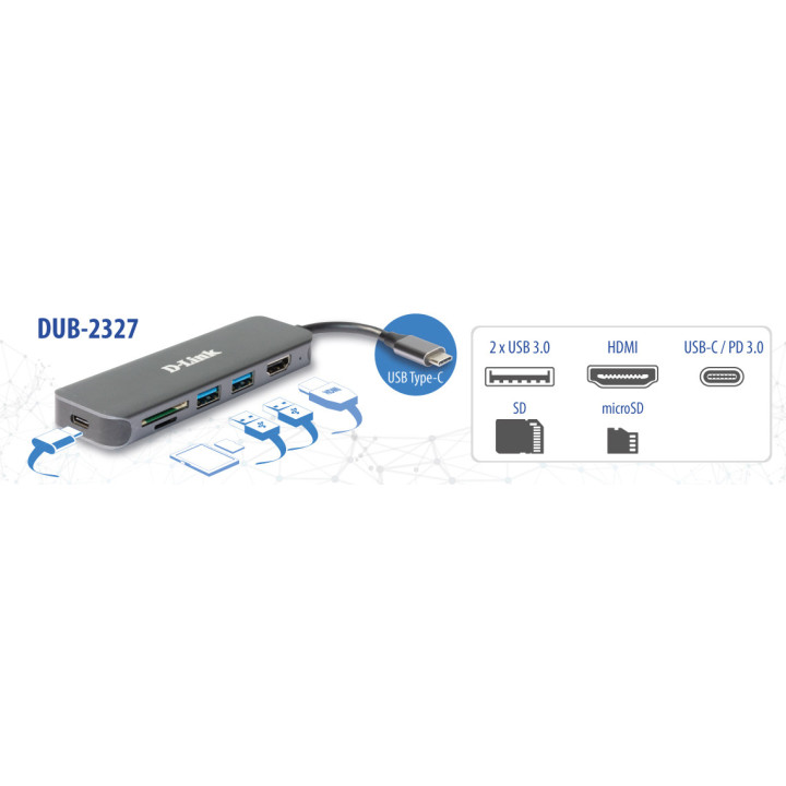 D-Link DUB-2327 base & duplicador de portas Com fios USB Type-C Cinzento