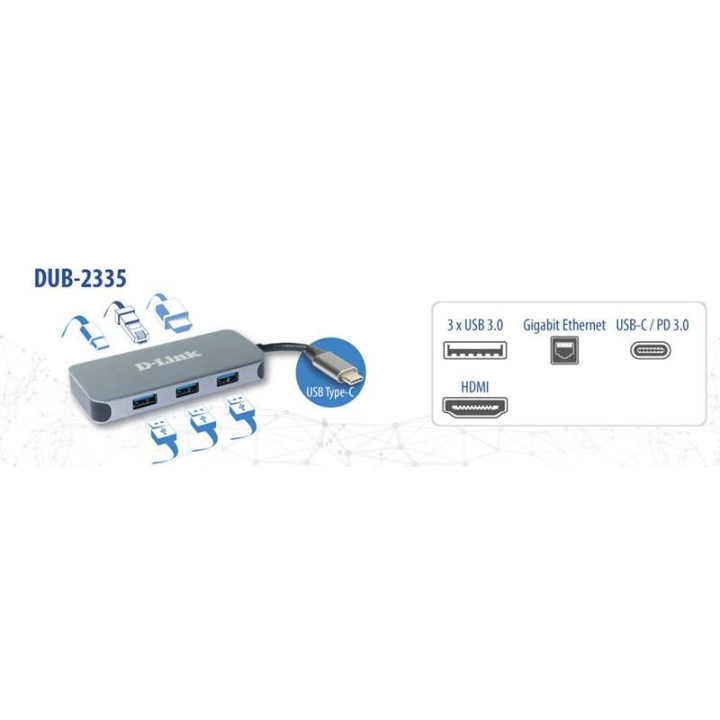 D-Link DUB-2335 base & duplicador de portas Com fios USB Type-C Cinzento