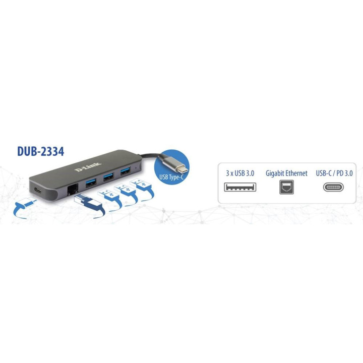 D-Link DUB-2334 base & duplicador de portas Com fios USB Type-C Cinzento