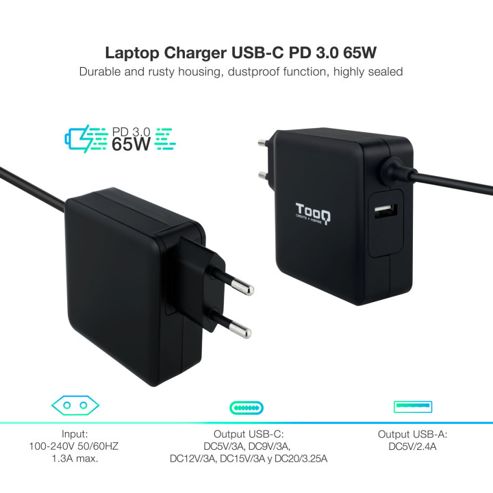TooQ TQLC-USBC65PD adaptador e transformador Interior 65 W Preto