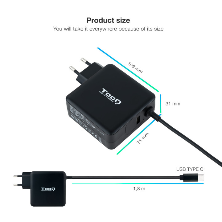 TooQ TQLC-USBC65PD adaptador e transformador Interior 65 W Preto