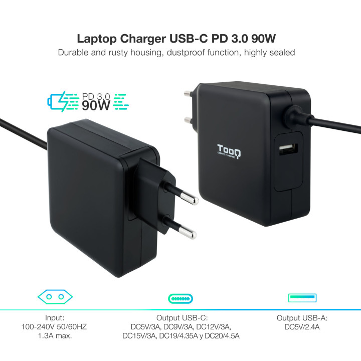 TooQ TQLC-USBC90PD adaptador e transformador Automático 90 W Preto