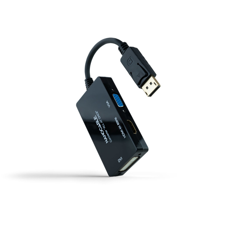 Nanocable 10.16.3301-ALL adaptador de cabo de vídeo 0,2 m DisplayPort DVI-D + VGA (D-Sub) + HDMI Preto