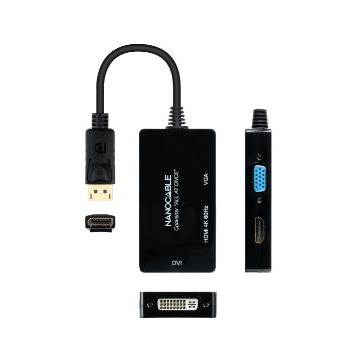 Nanocable 10.16.3301-ALL adaptador de cabo de vídeo 0,2 m DisplayPort DVI-D + VGA (D-Sub) + HDMI Preto