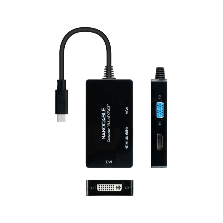 Nanocable 10.16.4301-ALL adaptador de cabo de vídeo 0,2 m USB Type-C DVI-D + VGA (D-Sub) + HDMI Preto