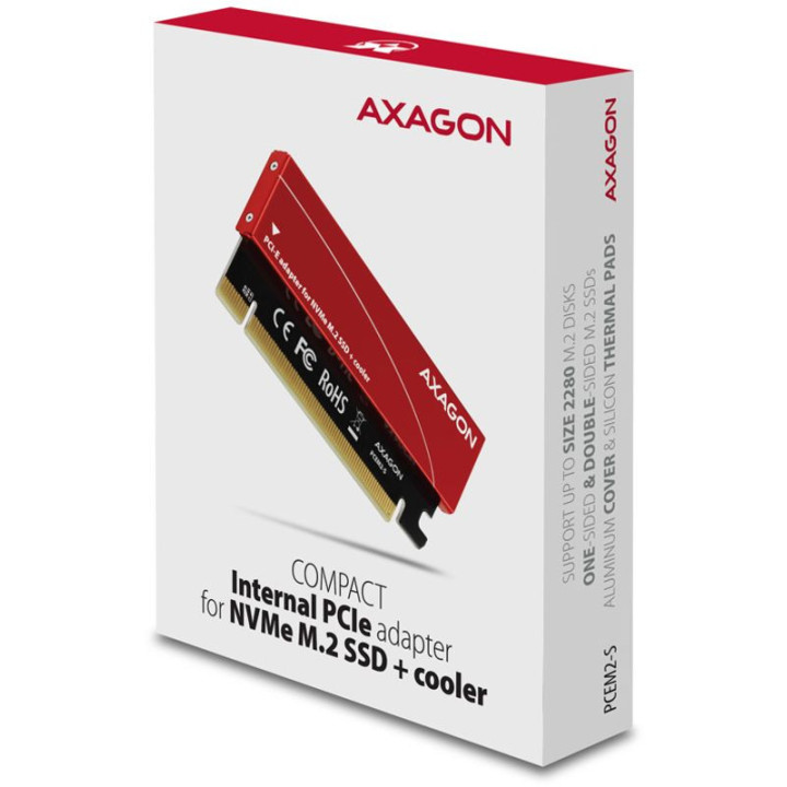 Adaptador PCIe-3.0-x16 AXAGON PCEM2-N 1x M.2/NVMe/SSD com dissipador