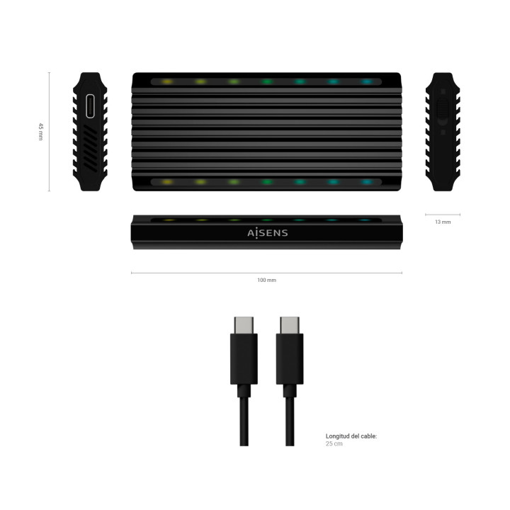 AISENS ASM2-RGB012B Caixa para Discos Rígidos Compartimento SSD Preto M.2