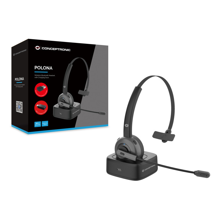 Conceptronic POLONA03BDA auscultador Auscultadores Sem fios Fita de cabeça Escritório Call center Bluetooth Suporte de
