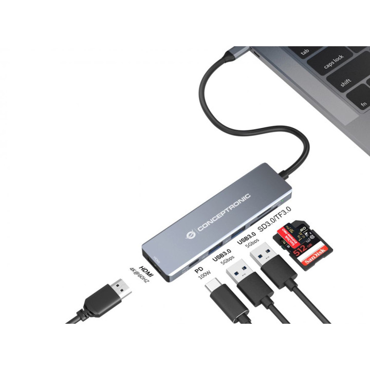 Conceptronic DONN23G base & duplicador de portas Com fios USB 3.2 Gen 1 (3.1 Gen 1) Type-C Cinzento