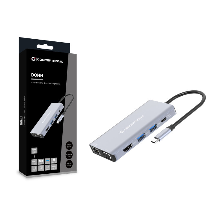 Conceptronic DONN20G base & duplicador de portas Com fios USB 3.2 Gen 1 (3.1 Gen 1) Type-C Cinzento