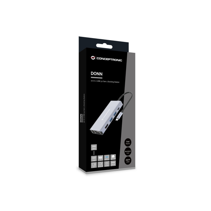 Conceptronic DONN20G base & duplicador de portas Com fios USB 3.2 Gen 1 (3.1 Gen 1) Type-C Cinzento
