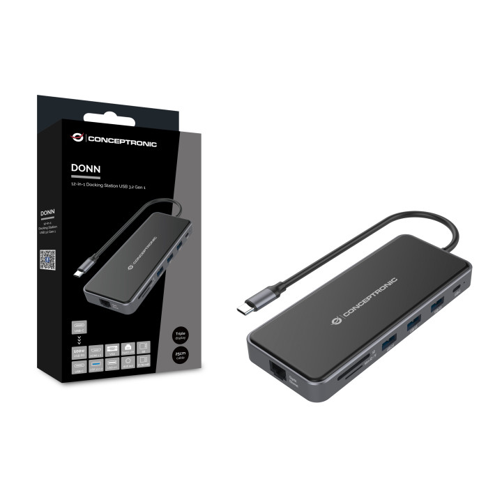 Conceptronic DONN15G base & duplicador de portas Com fios USB 3.2 Gen 1 (3.1 Gen 1) Type-C Cinzento