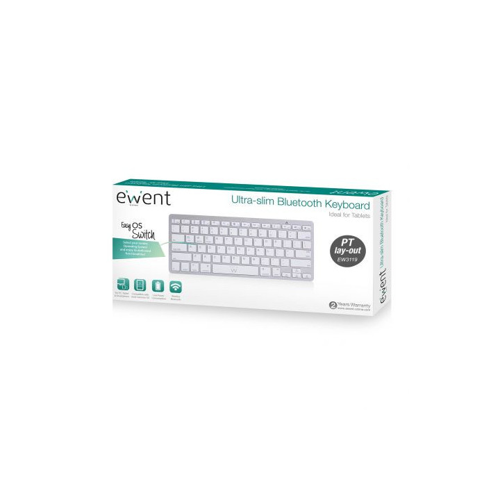 Teclado Bluetooth Ewent EW3119 QWERTY PT Prateado, Branco