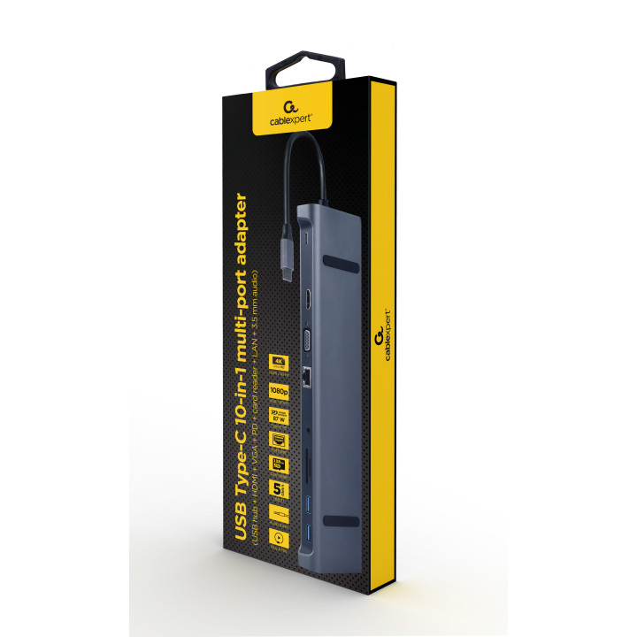 Gembird A-CM-COMBO10-01 base & duplicador de portas Com fios USB 3.2 Gen 1 (3.1 Gen 1) Type-C Cinzento