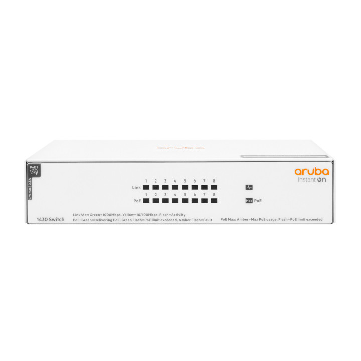 Aruba Instant On 1430 8G Class4 PoE 64W Não-gerido L2 Gigabit Ethernet (10 100 1000) Power over Ethernet (PoE) Branco