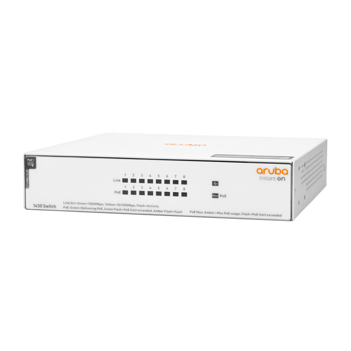 Aruba Instant On 1430 8G Class4 PoE 64W Não-gerido L2 Gigabit Ethernet (10 100 1000) Power over Ethernet (PoE) Branco